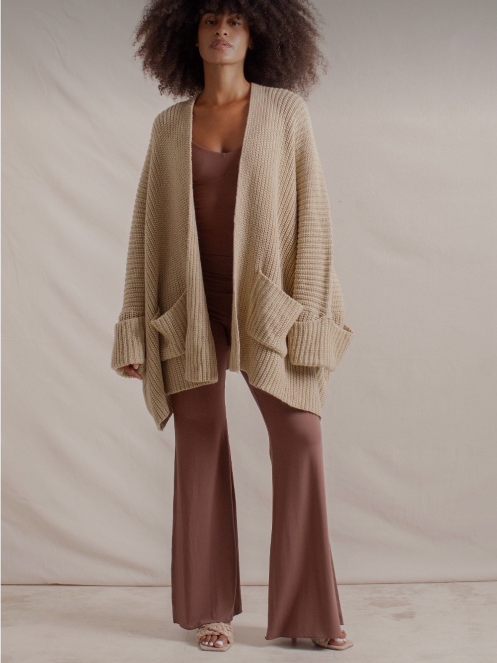 Oversized Open-Front Chunky Knit Cardigan - Beige